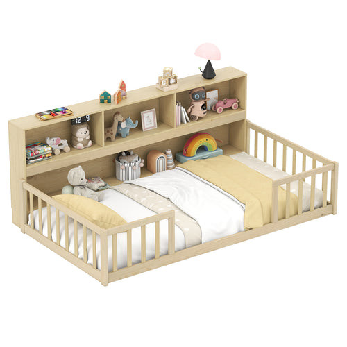 Twin Size Montessori Floor Bed With Bookcase, Natural