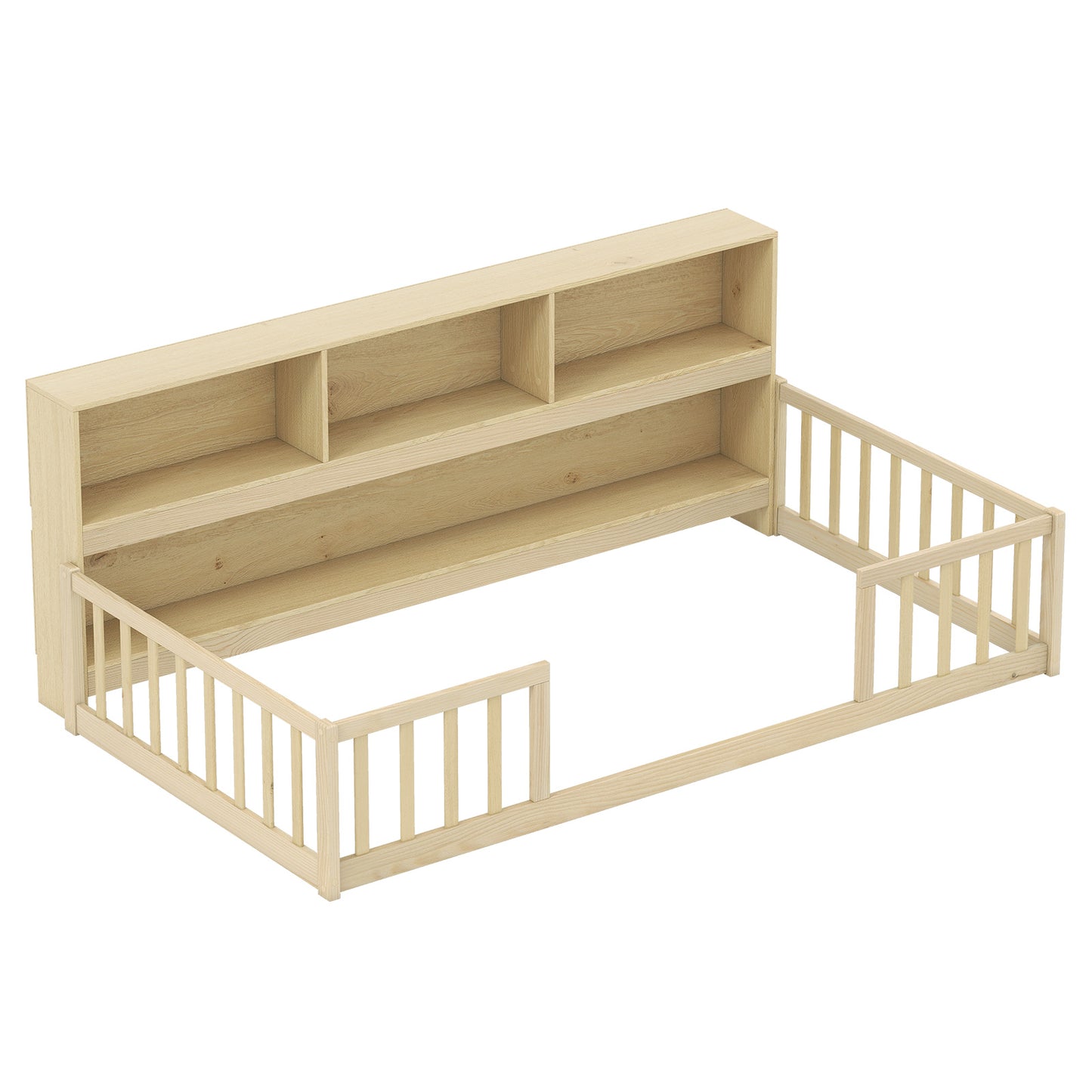 Twin Size Montessori Floor Bed With Bookcase, Natural Trundle Bed Frame at Gallery Canada