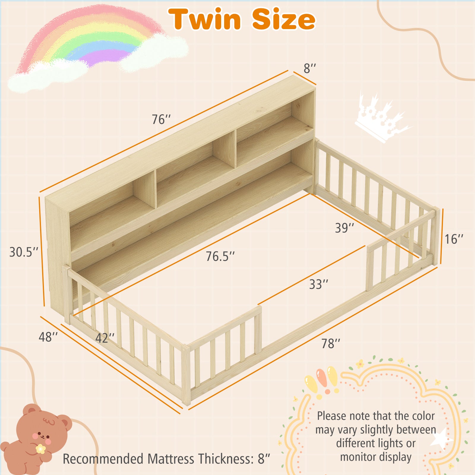 Twin Size Montessori Floor Bed With Bookcase, Natural Trundle Bed Frame at Gallery Canada