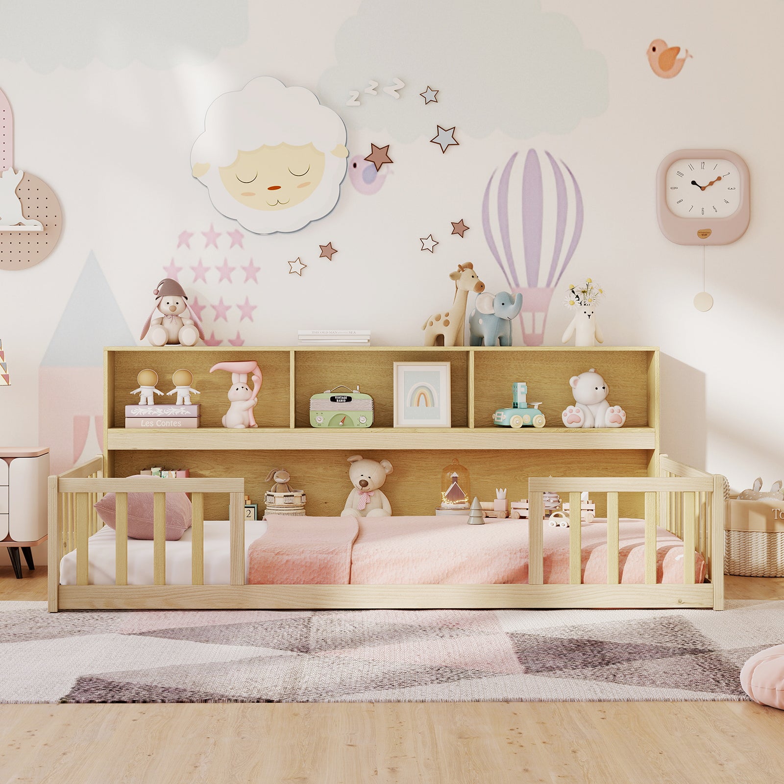 Twin Size Montessori Floor Bed With Bookcase, Natural Trundle Bed Frame at Gallery Canada