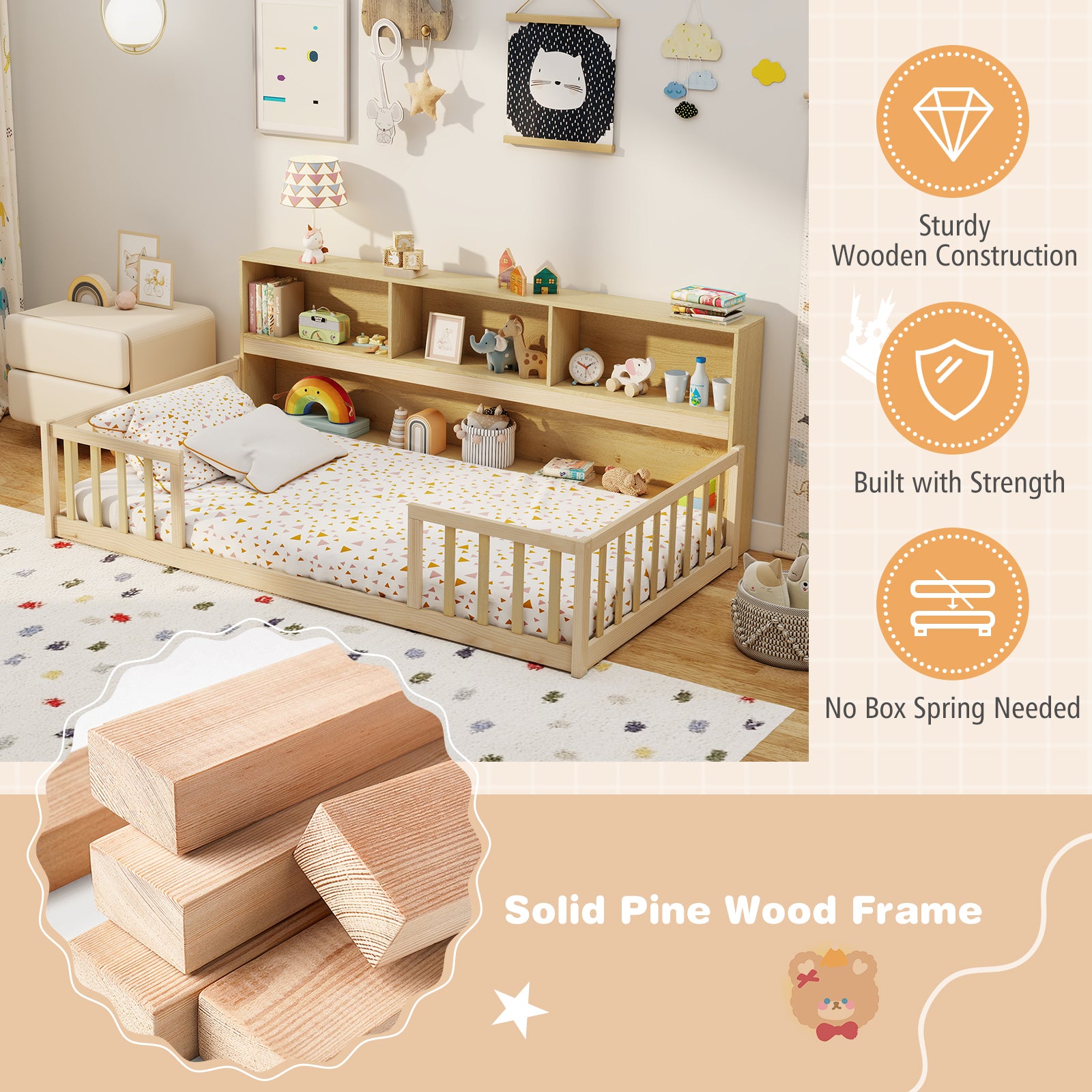 Twin Size Montessori Floor Bed With Bookcase, Natural Trundle Bed Frame at Gallery Canada