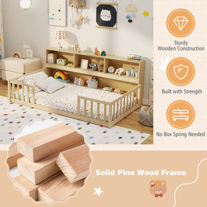 Twin Size Montessori Floor Bed With Bookcase, Natural Trundle Bed Frame at Gallery Canada