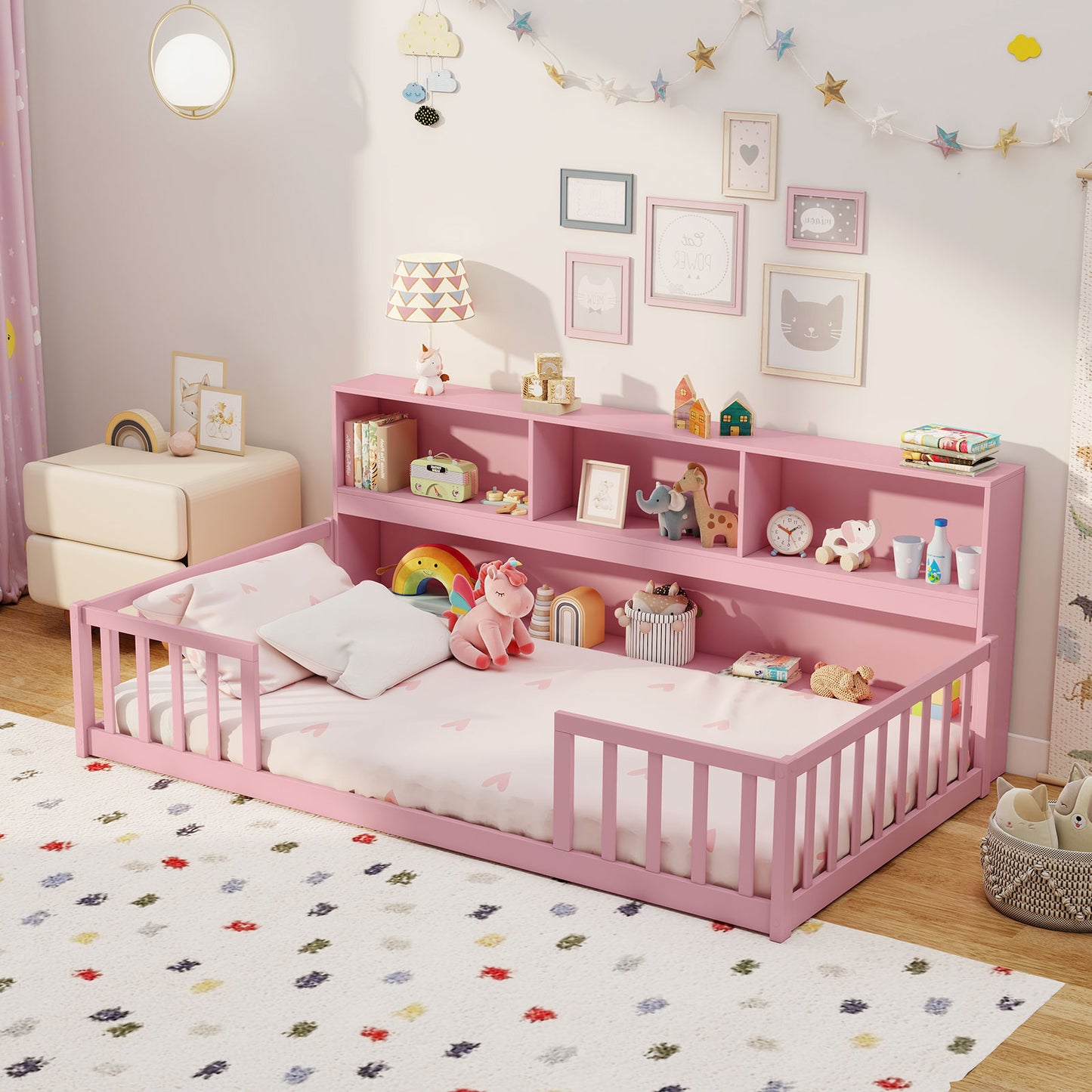 Twin Size Montessori Floor Bed With Bookcase, Pink Trundle Bed Frame at Gallery Canada