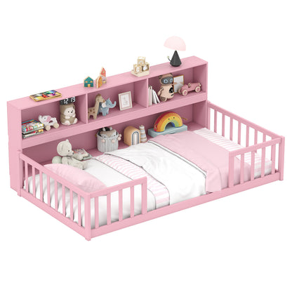 Twin Size Montessori Floor Bed With Bookcase, Pink Trundle Bed Frame at Gallery Canada