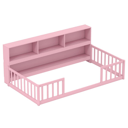 Twin Size Montessori Floor Bed With Bookcase, Pink Trundle Bed Frame at Gallery Canada