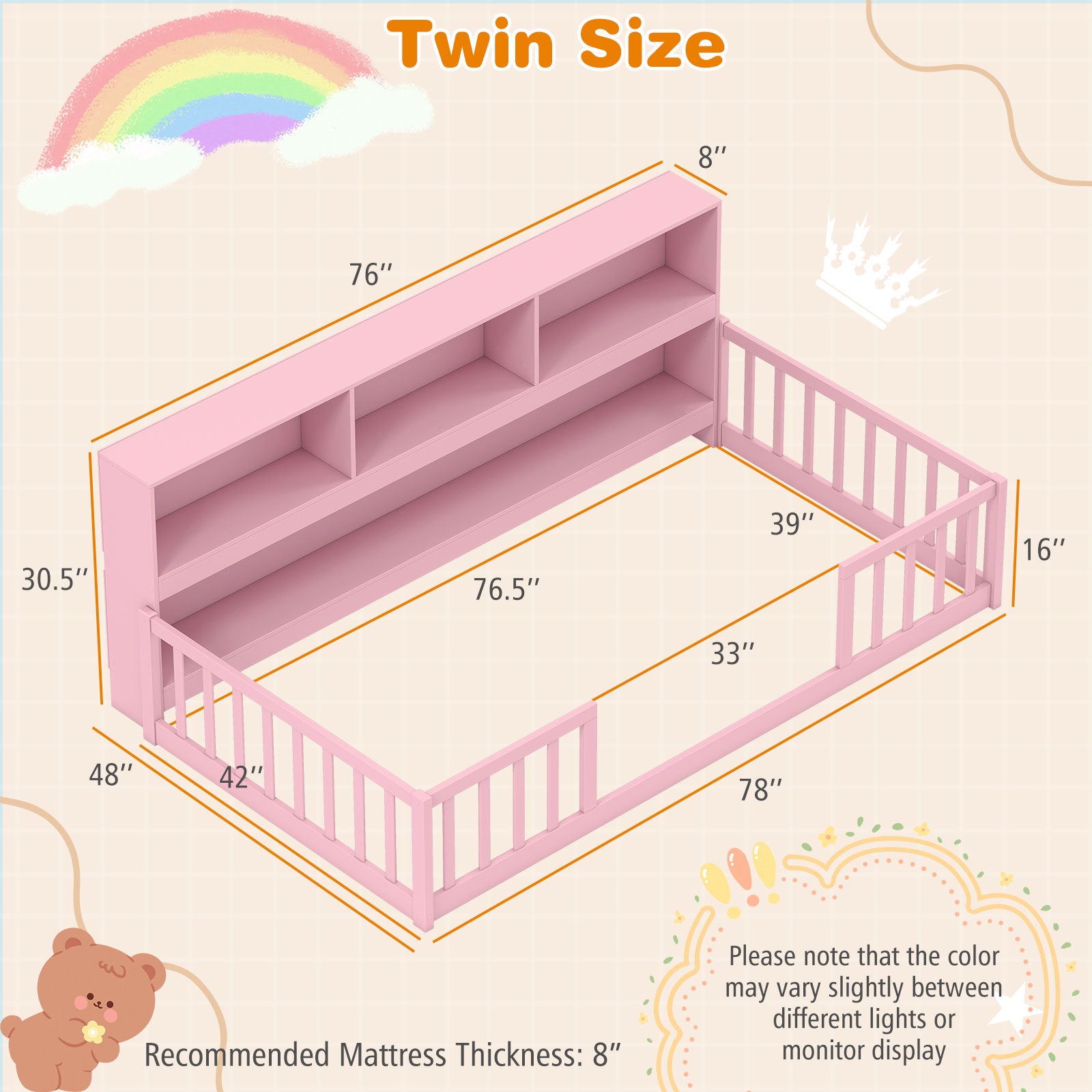 Twin Size Montessori Floor Bed With Bookcase, Pink Trundle Bed Frame at Gallery Canada