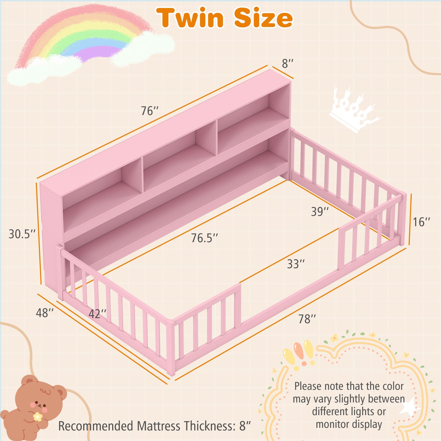 Twin Size Montessori Floor Bed With Bookcase, Pink Trundle Bed Frame at Gallery Canada