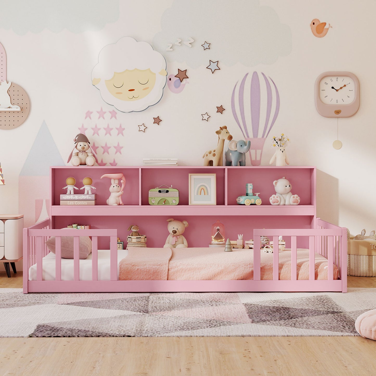 Twin Size Montessori Floor Bed With Bookcase, Pink Trundle Bed Frame at Gallery Canada