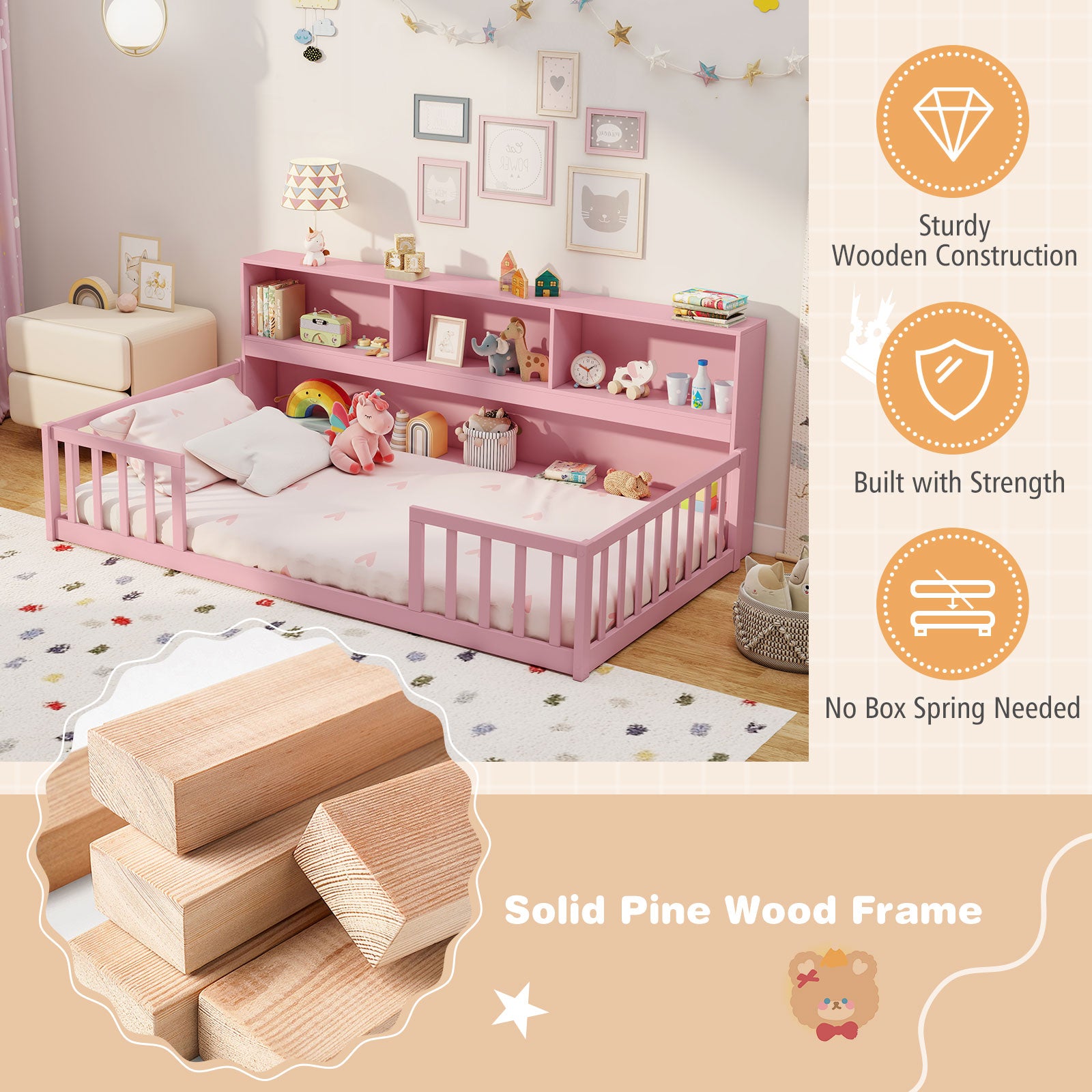 Twin Size Montessori Floor Bed With Bookcase, Pink Trundle Bed Frame at Gallery Canada