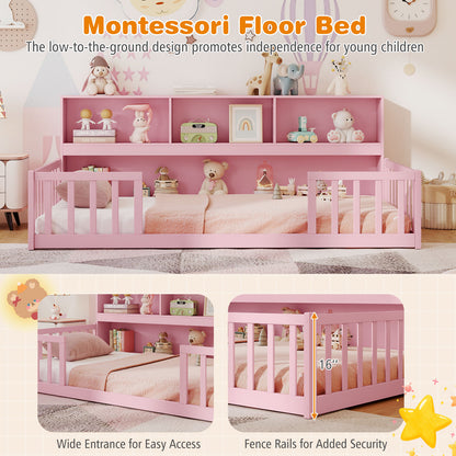 Twin Size Montessori Floor Bed With Bookcase, Pink Trundle Bed Frame at Gallery Canada