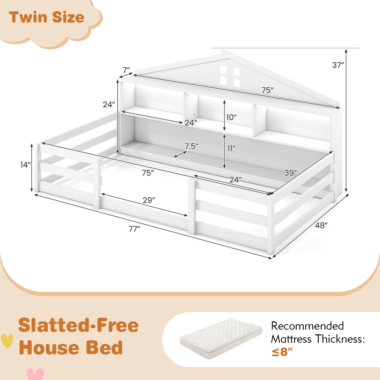Twin Size Montessori Floor Bed with Storage Compartments and Shelf, White Trundle Bed Frame at Gallery Canada