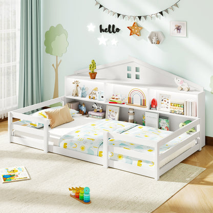 Twin Size Montessori Floor Bed with Storage Compartments and Shelf, White Trundle Bed Frame at Gallery Canada