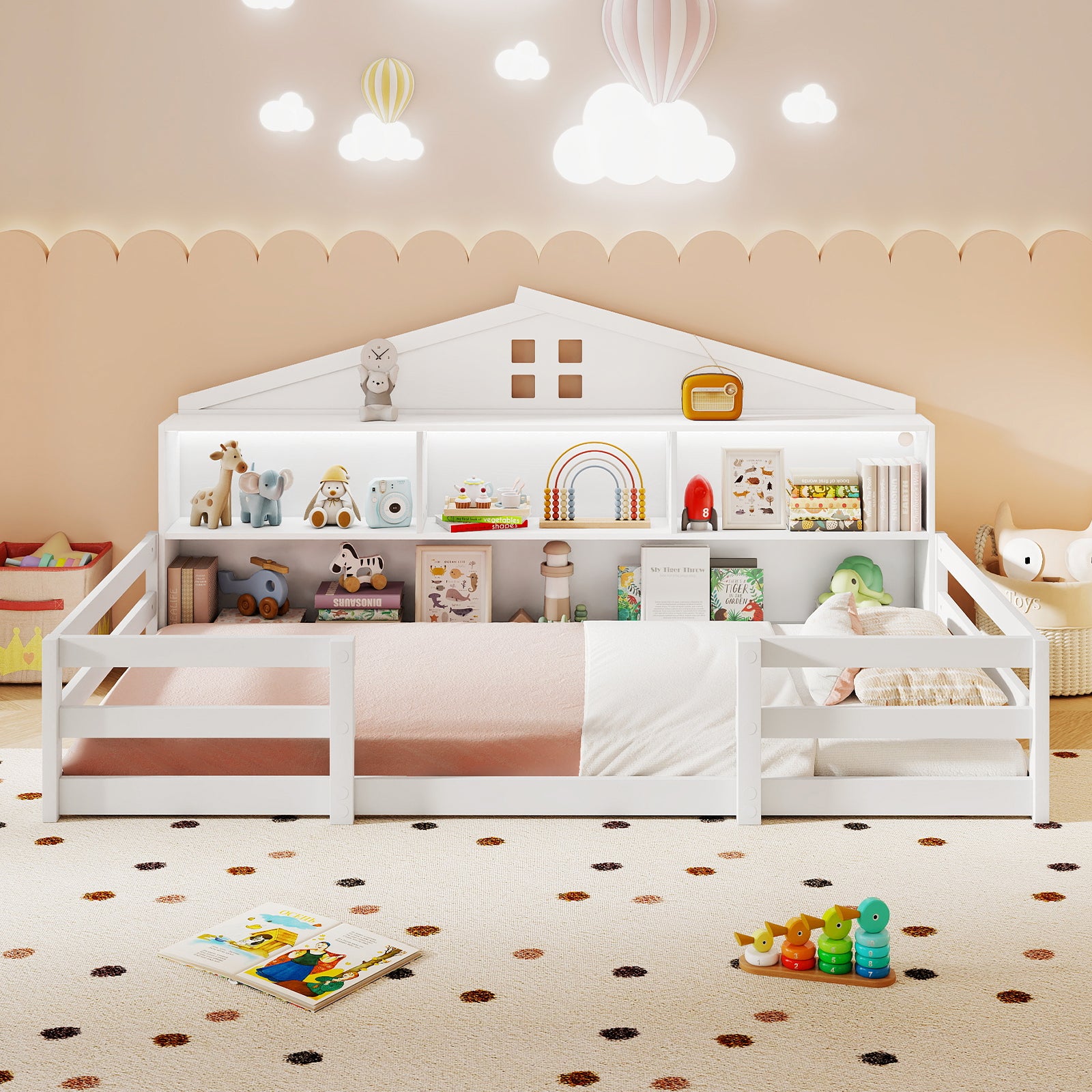 Twin Size Montessori Floor Bed with Storage Compartments and Shelf, White Trundle Bed Frame at Gallery Canada