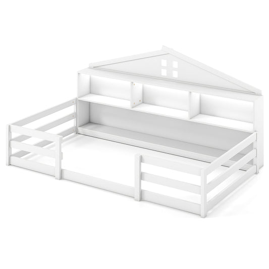 Twin Size Montessori Floor Bed with Storage Compartments and Shelf, White Trundle Bed Frame White at Gallery Canada