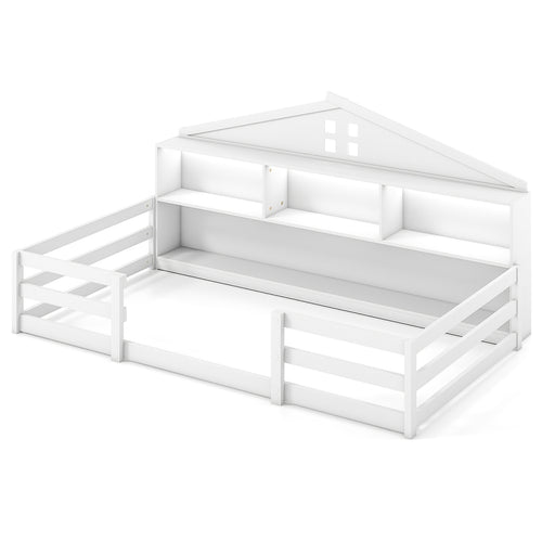 Twin Size Montessori Floor Bed with Storage Compartments and Shelf, White