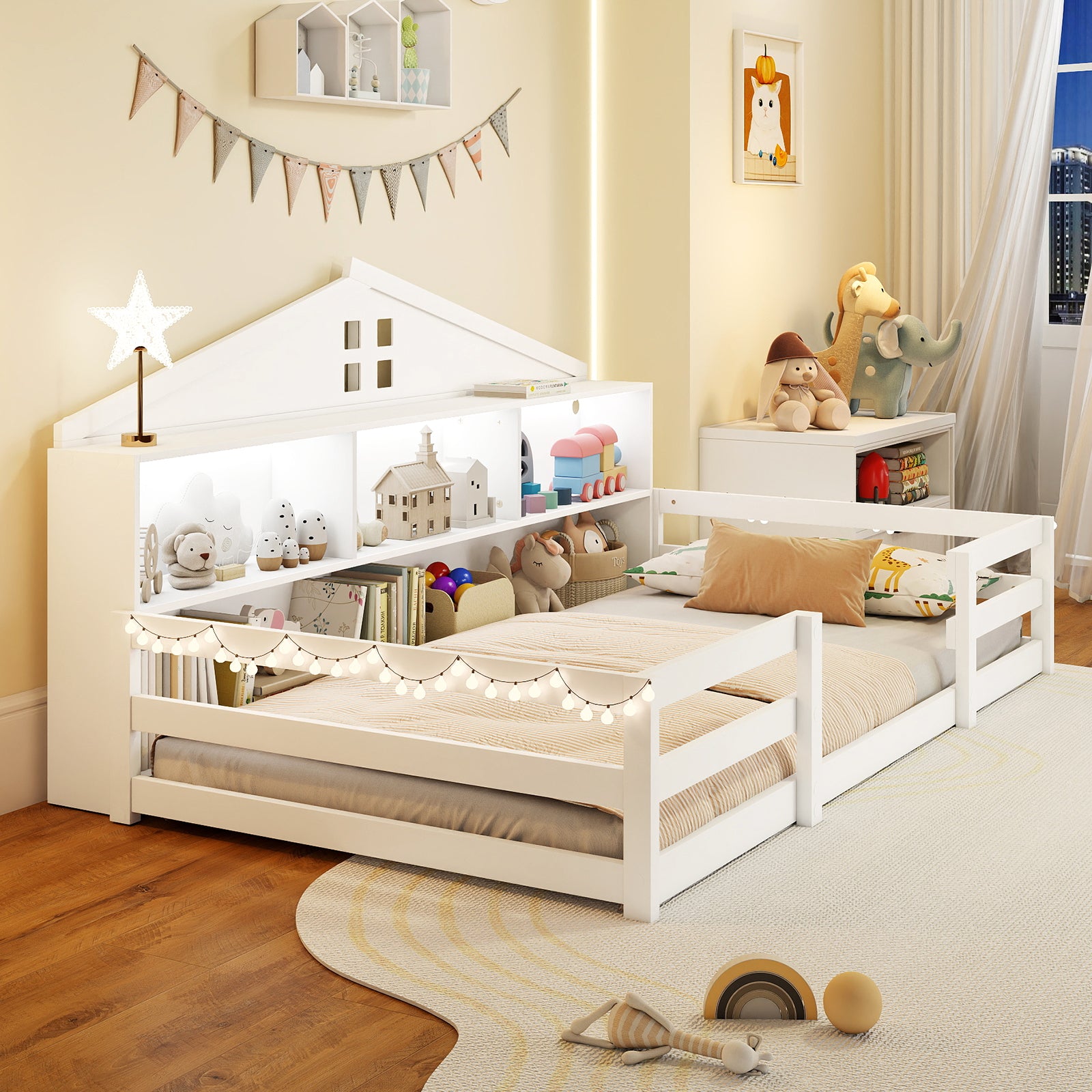 Twin Size Montessori Floor Bed with Storage Compartments and Shelf, White Trundle Bed Frame at Gallery Canada