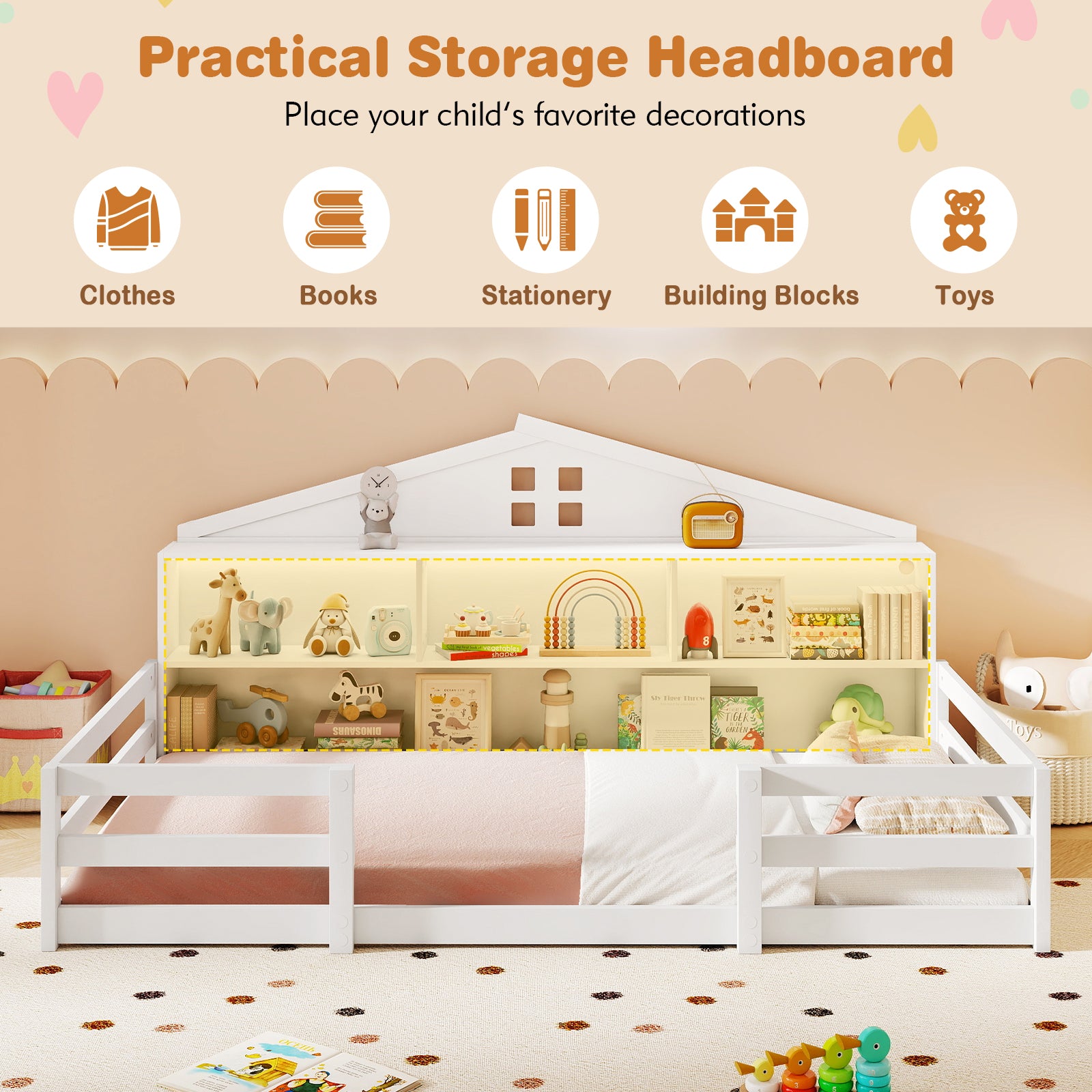 Twin Size Montessori Floor Bed with Storage Compartments and Shelf, White Trundle Bed Frame at Gallery Canada
