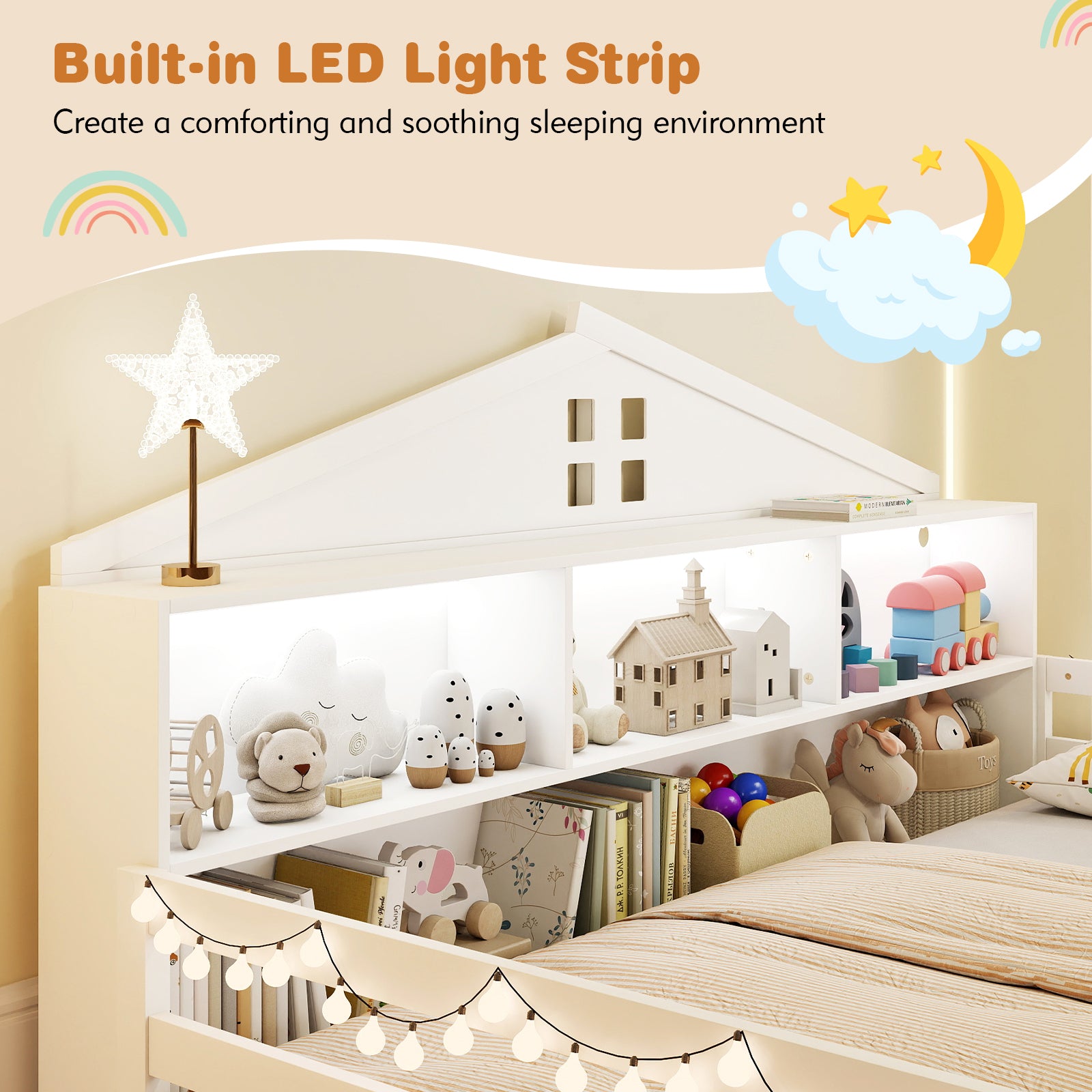 Twin Size Montessori Floor Bed with Storage Compartments and Shelf, White Trundle Bed Frame at Gallery Canada