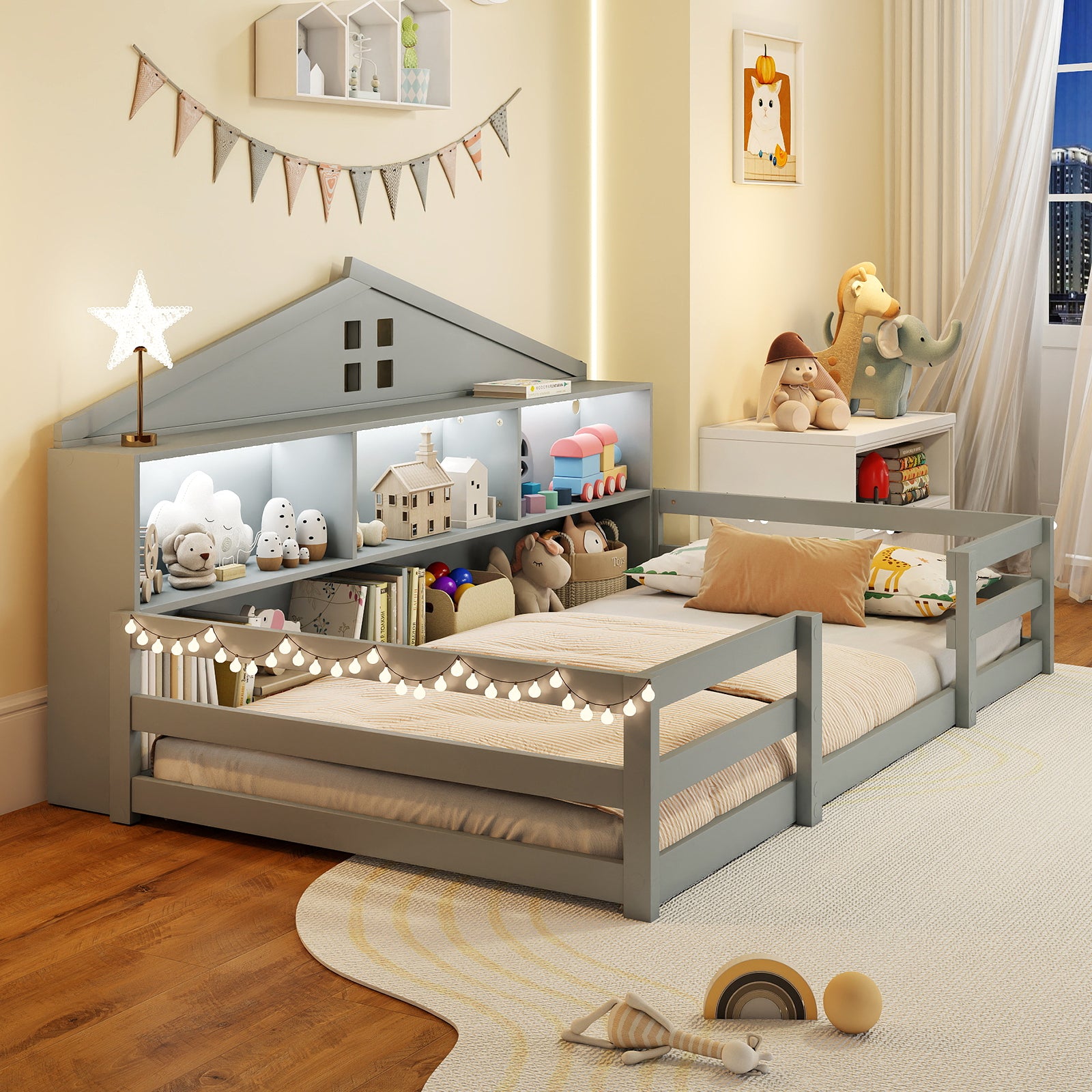 Twin Size Montessori Floor Bed with Storage Compartments and Shelf, Gray Trundle Bed Frame at Gallery Canada