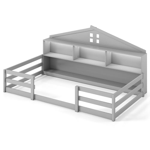 Twin Size Montessori Floor Bed with Storage Compartments and Shelf, Gray