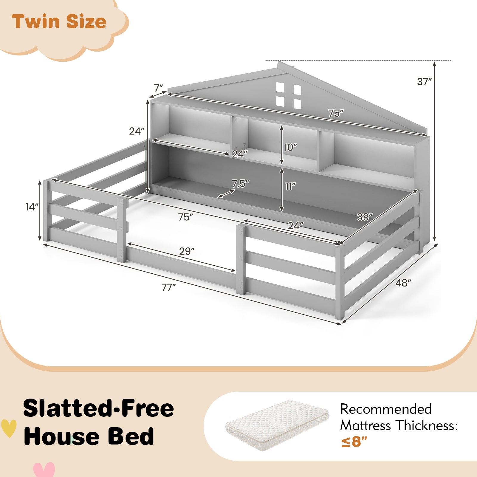 Twin Size Montessori Floor Bed with Storage Compartments and Shelf, Gray Trundle Bed Frame at Gallery Canada