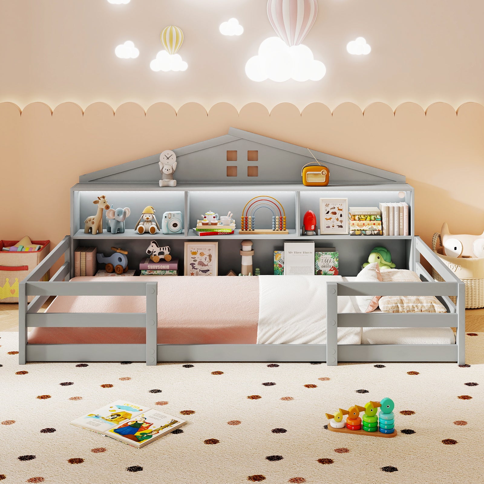 Twin Size Montessori Floor Bed with Storage Compartments and Shelf, Gray Trundle Bed Frame at Gallery Canada