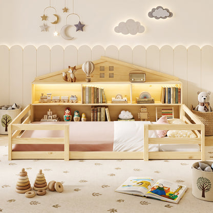 Lit Montessori au sol jumeau avec rangement, naturel