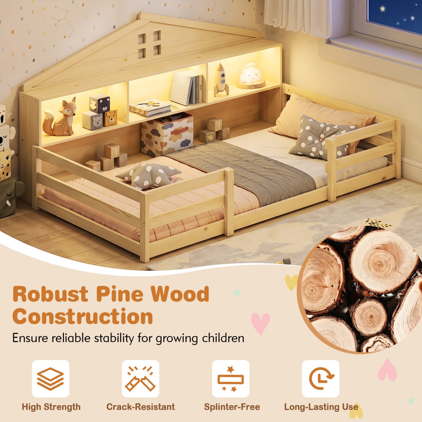 Lit Montessori au sol jumeau avec rangement, naturel