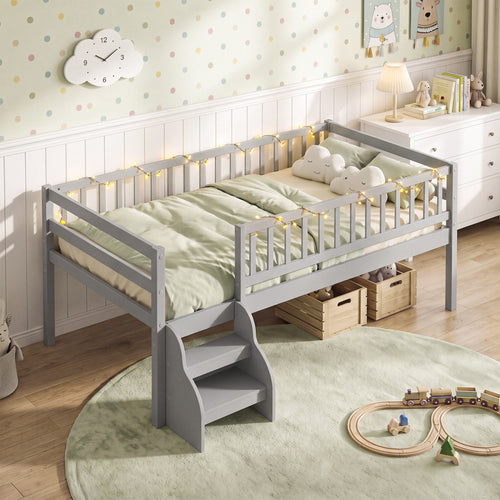 Twin Size Montessori Bed with Stairs and Guardrails, Gray