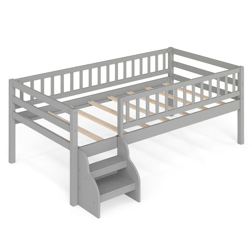 Twin Size Montessori Bed with Stairs and Guardrails, Gray
