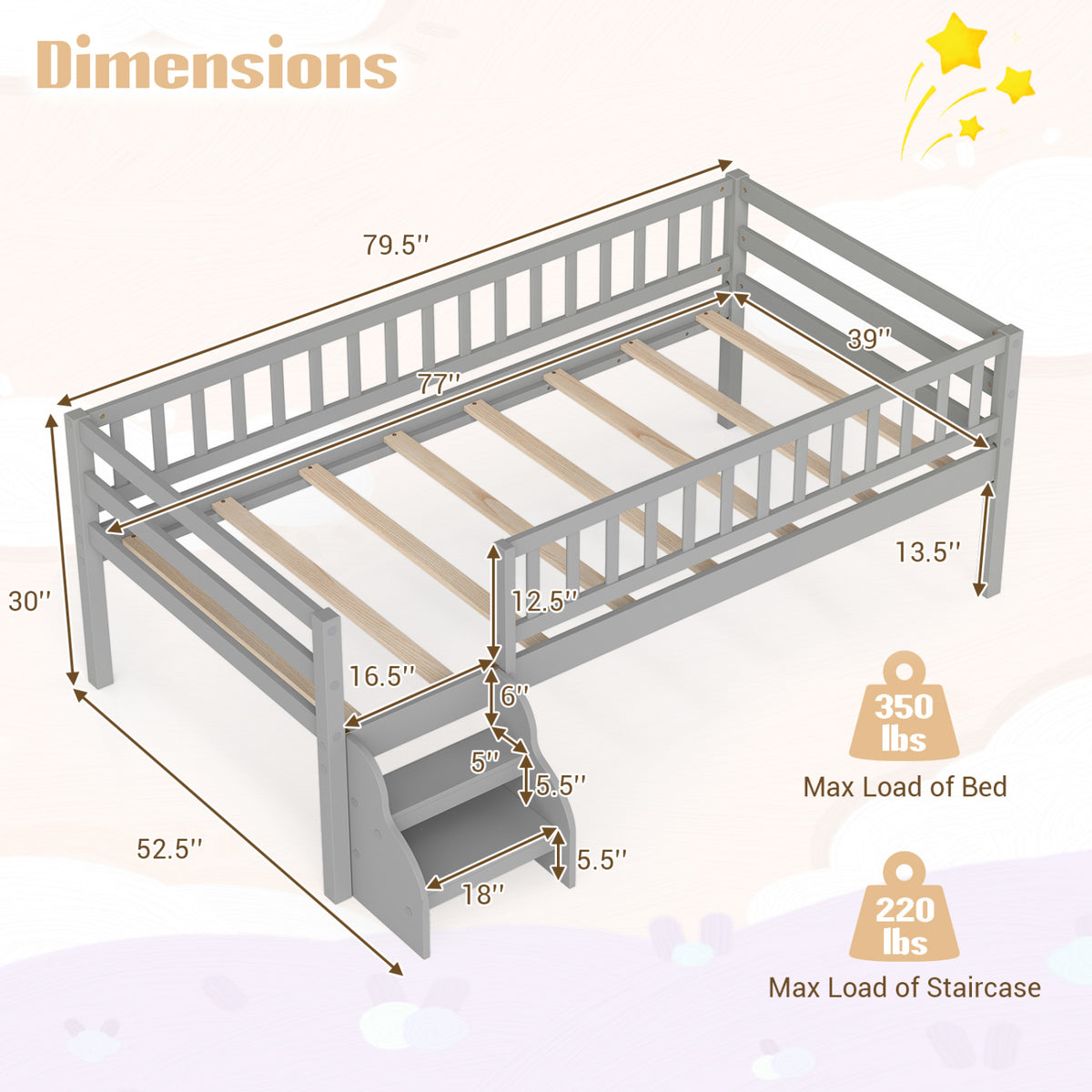 Lit Montessori de taille jumelle avec escalier et barrières de sécurité, Gris