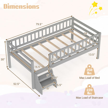 Lit Montessori de taille jumelle avec escalier et barrières de sécurité, Gris