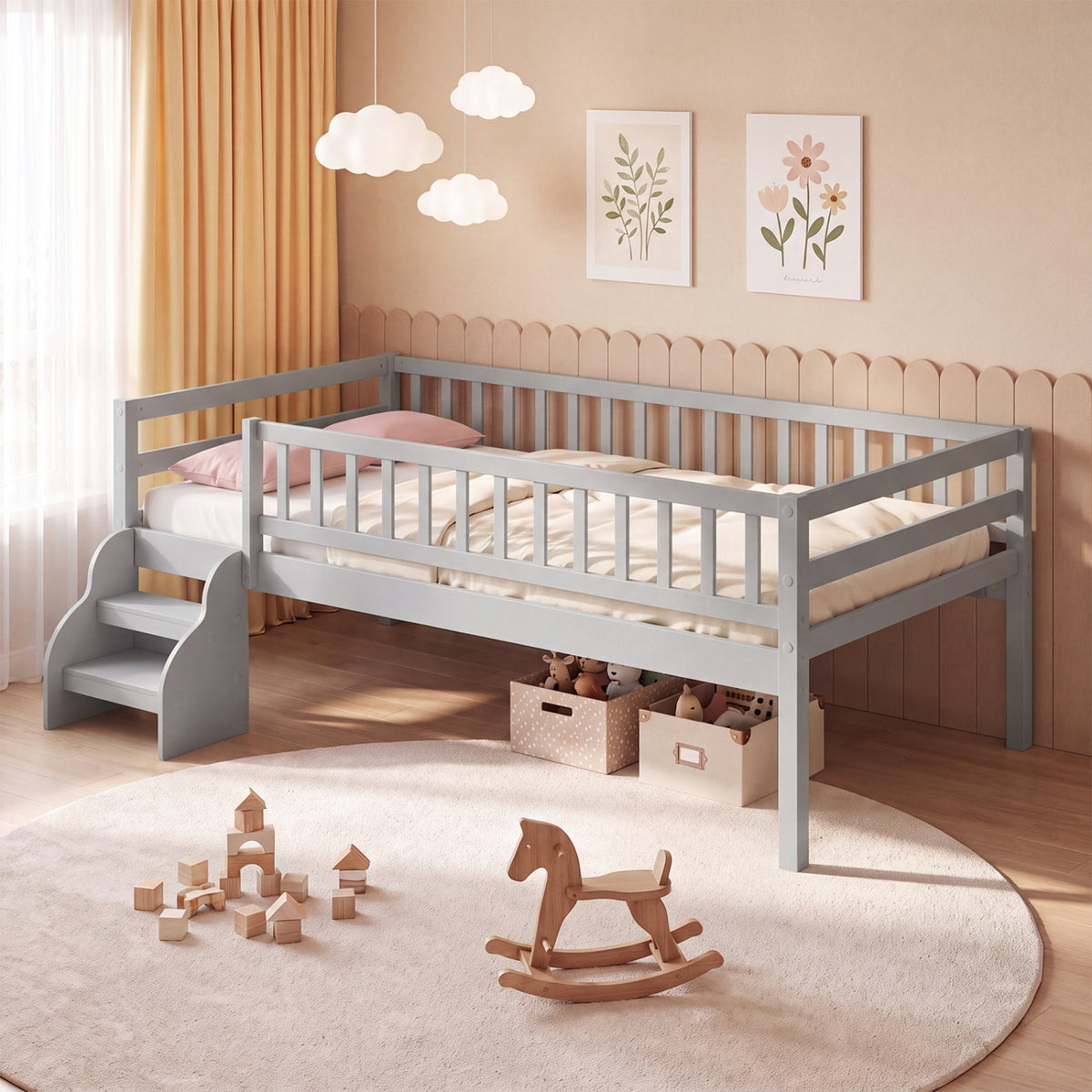 Lit Montessori de taille jumelle avec escalier et barrières de sécurité, Gris