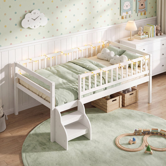 Twin Size Montessori Bed, Stairs, Guardrails, White Beds & Bed Frames White at Gallery Canada