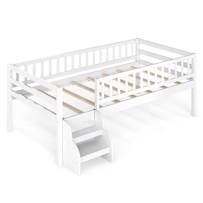 Lit Montessori taille jumelle, escaliers, barrières de sécurité, blanc