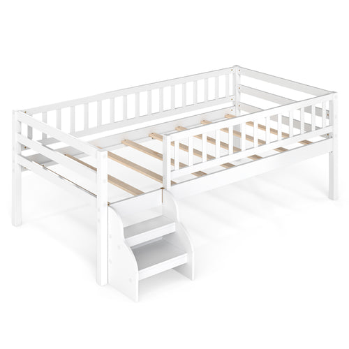 Twin Size Montessori Bed, Stairs, Guardrails, White