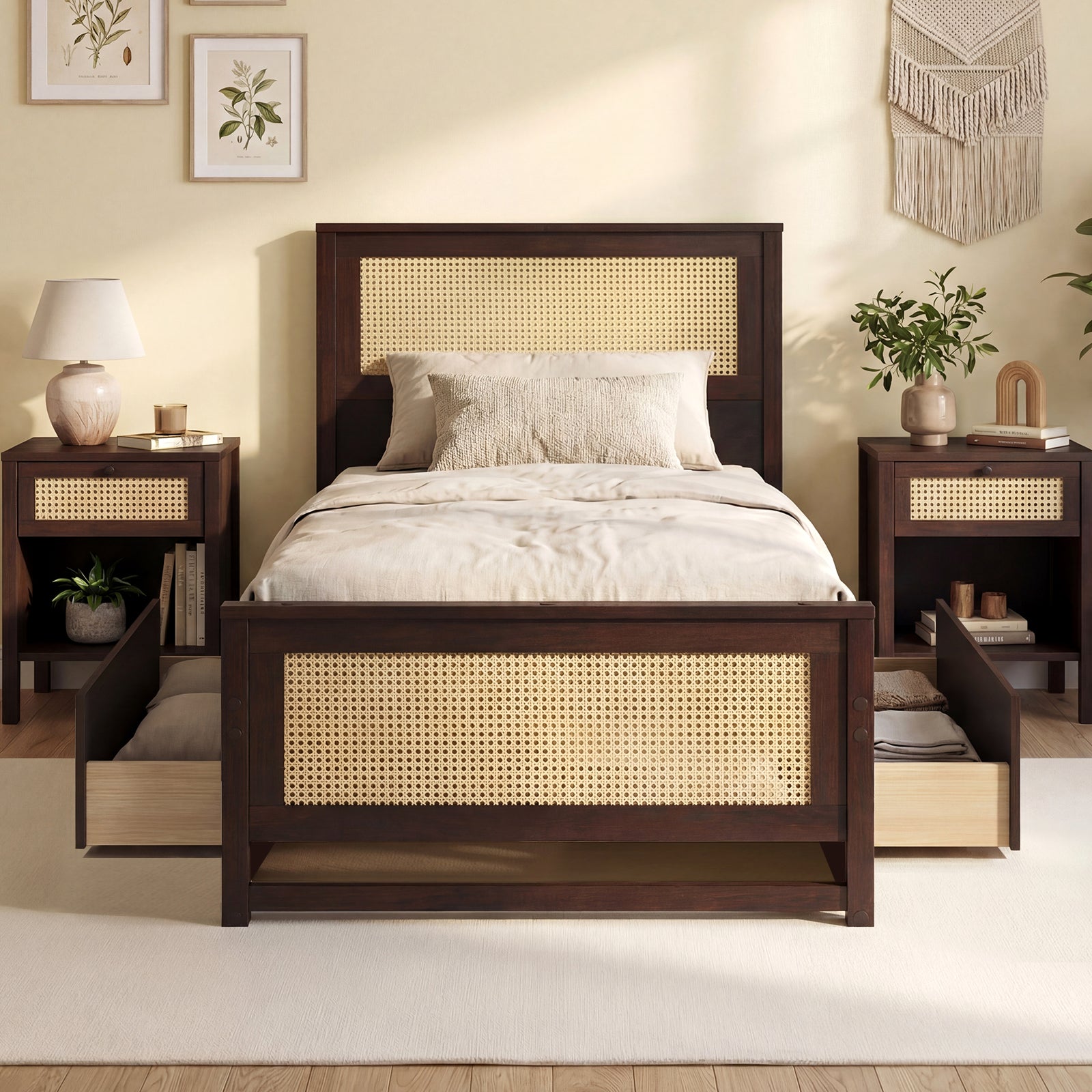 Twin Size Rattan Bed Frame with Storage Drawers, Coffee Trundle Bed Frame at Gallery Canada