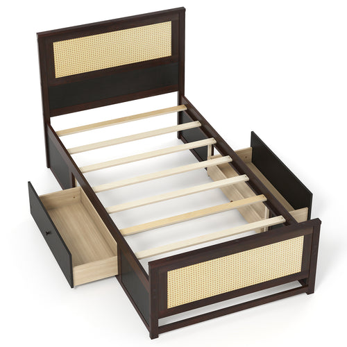 Twin Size Rattan Bed Frame with Storage Drawers, Coffee
