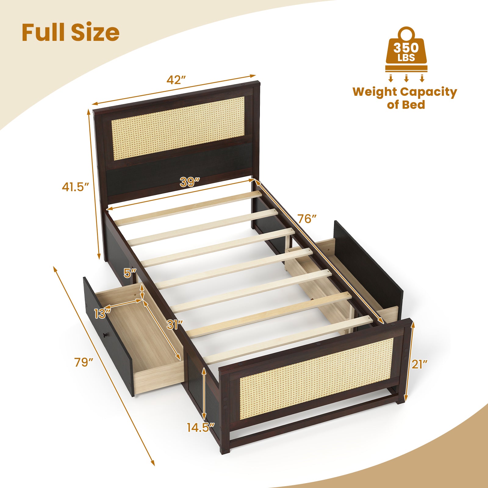 Twin Size Rattan Bed Frame with Storage Drawers, Coffee Trundle Bed Frame at Gallery Canada