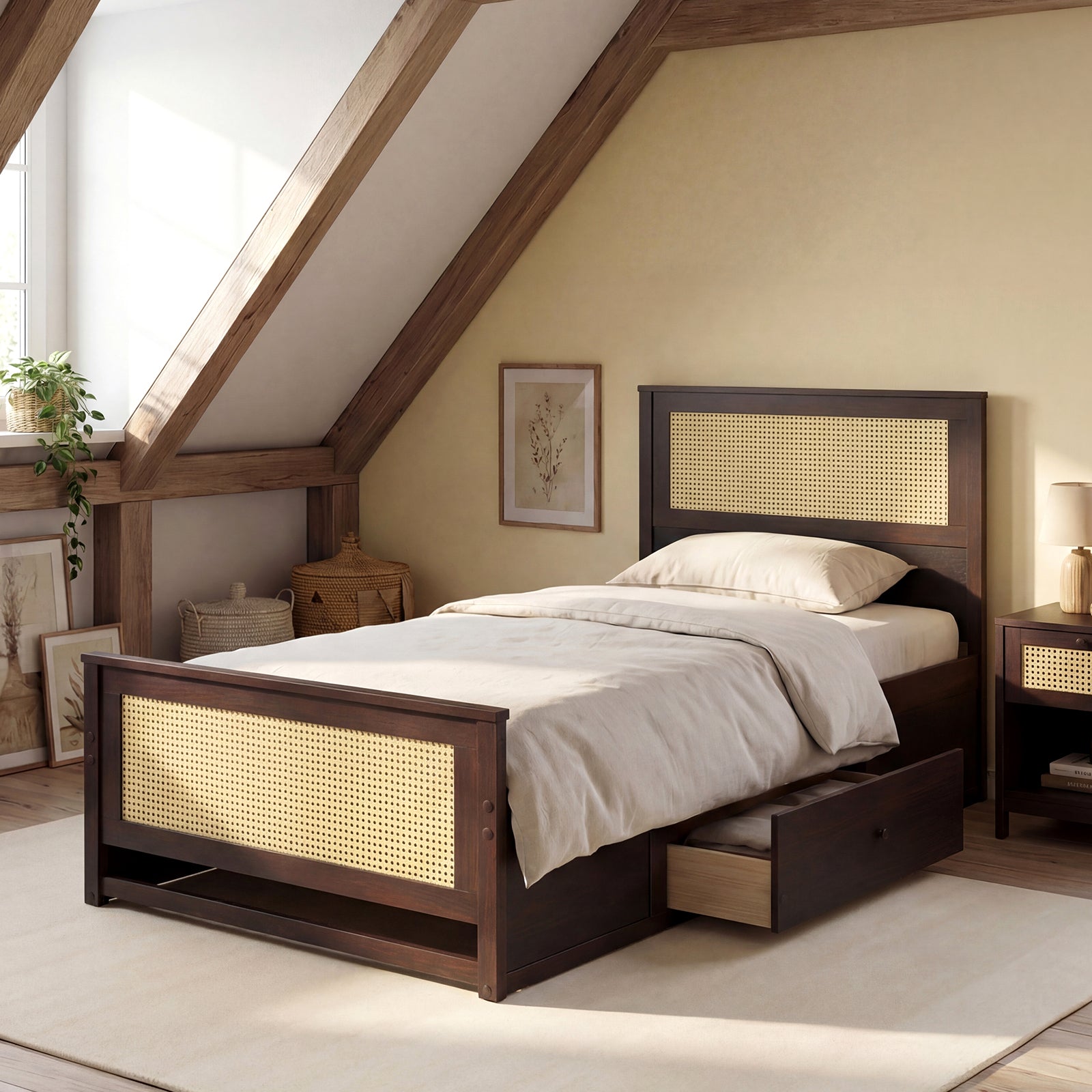 Twin Size Rattan Bed Frame with Storage Drawers, Coffee Trundle Bed Frame at Gallery Canada