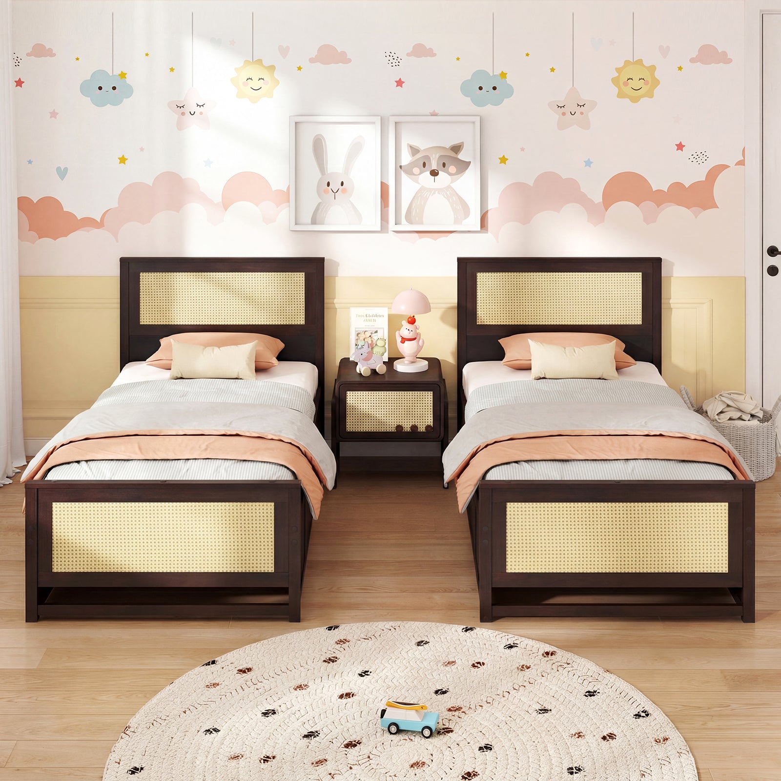 Twin Size Rattan Bed Frame with Storage Drawers, Coffee Trundle Bed Frame at Gallery Canada