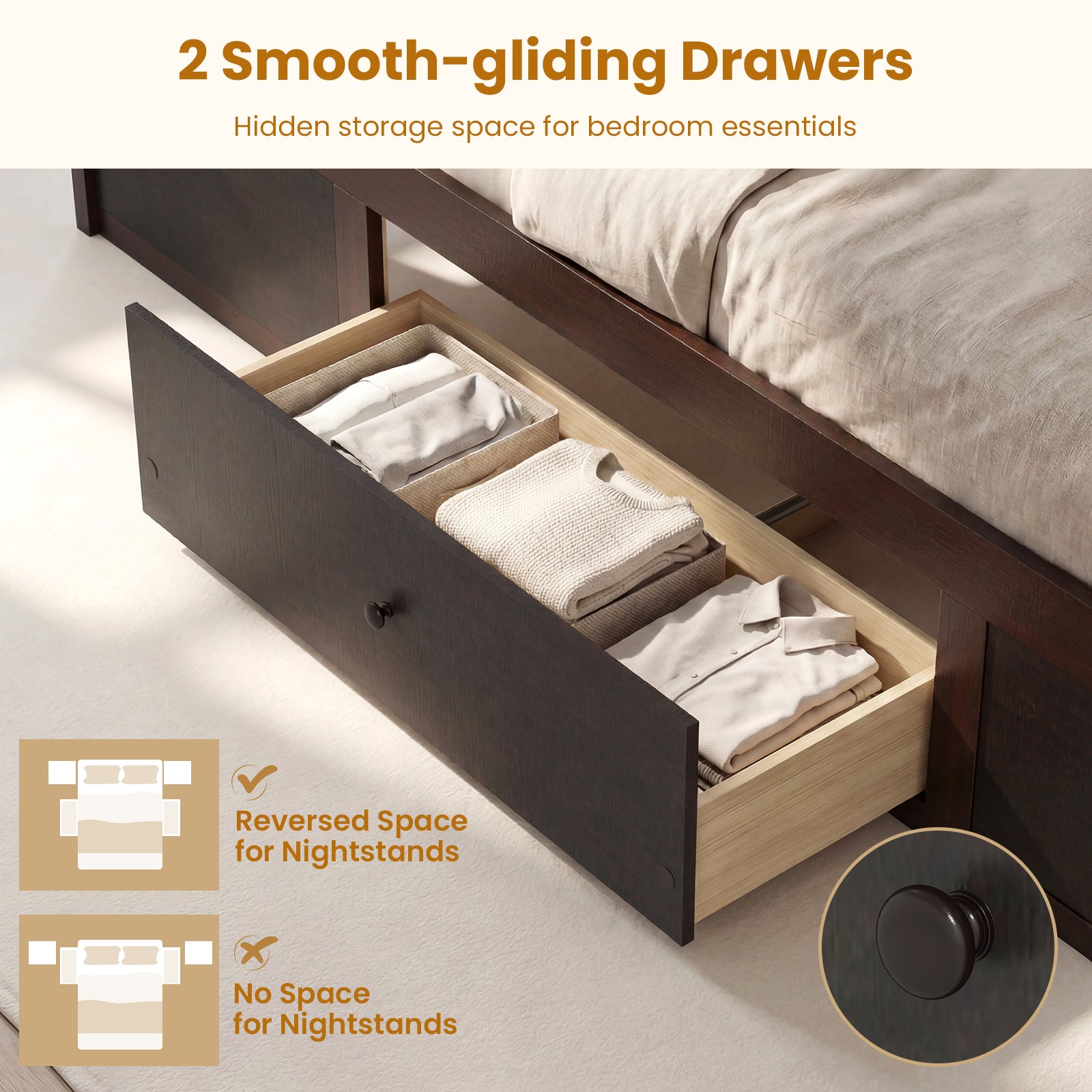Twin Size Rattan Bed Frame with Storage Drawers, Coffee Trundle Bed Frame at Gallery Canada