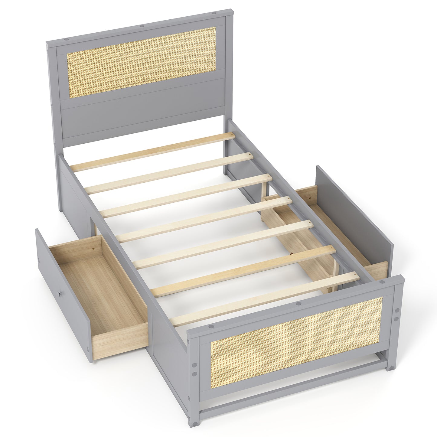 Twin Size Rattan Bed Frame with Storage Drawers, Gray Trundle Bed Frame Gray at Gallery Canada