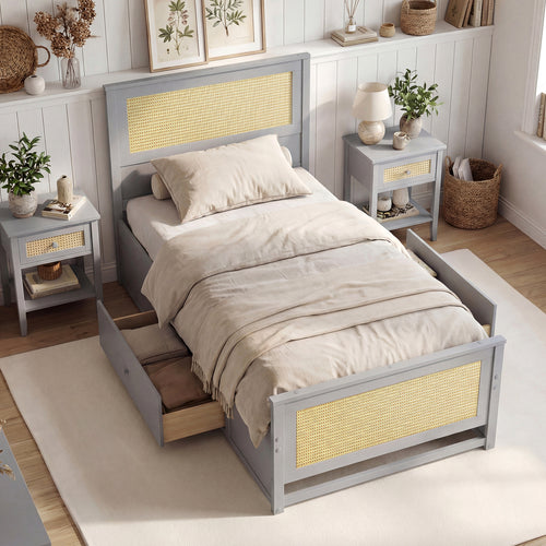 Twin Size Rattan Bed Frame with Storage Drawers, Gray