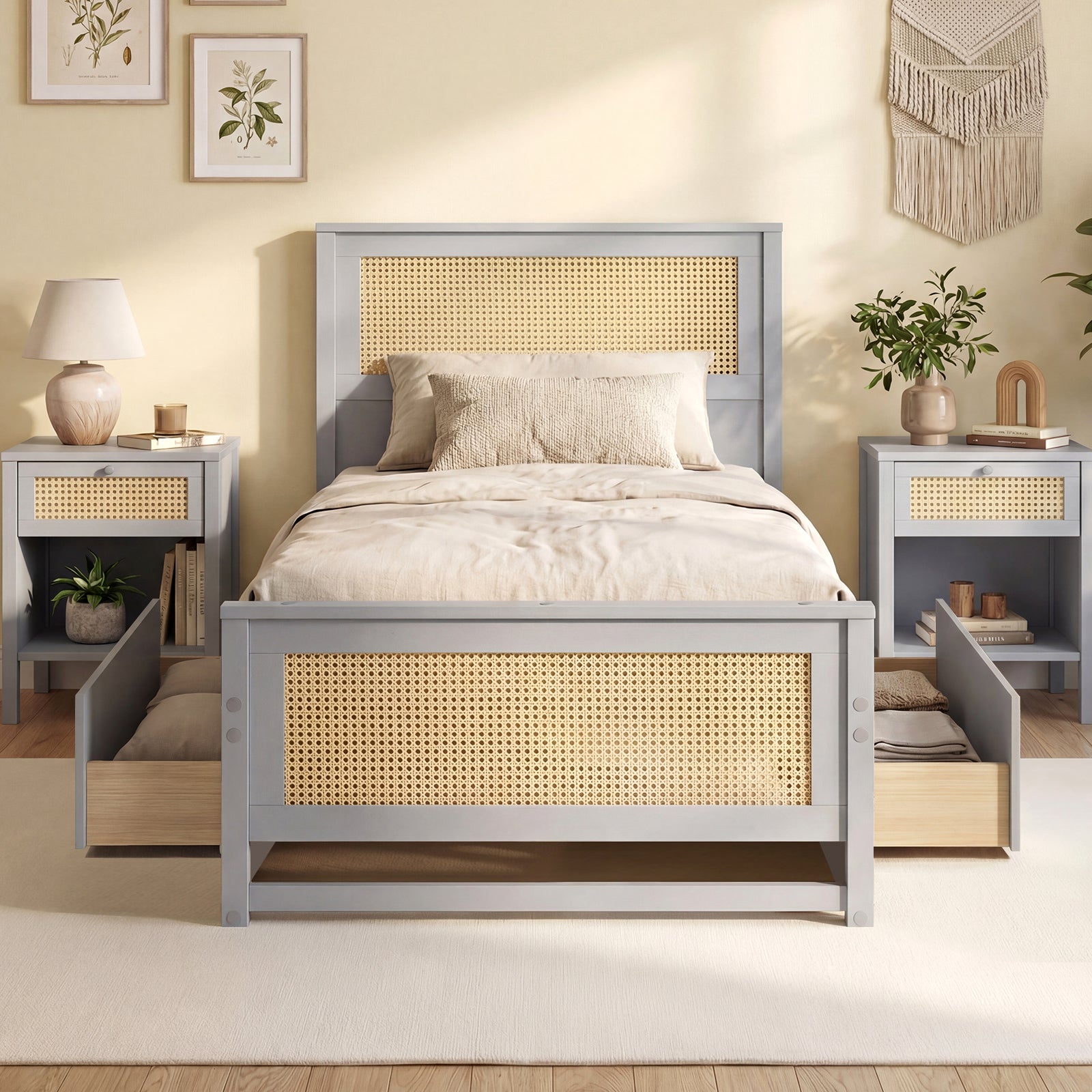 Twin Size Rattan Bed Frame with Storage Drawers, Gray Trundle Bed Frame at Gallery Canada