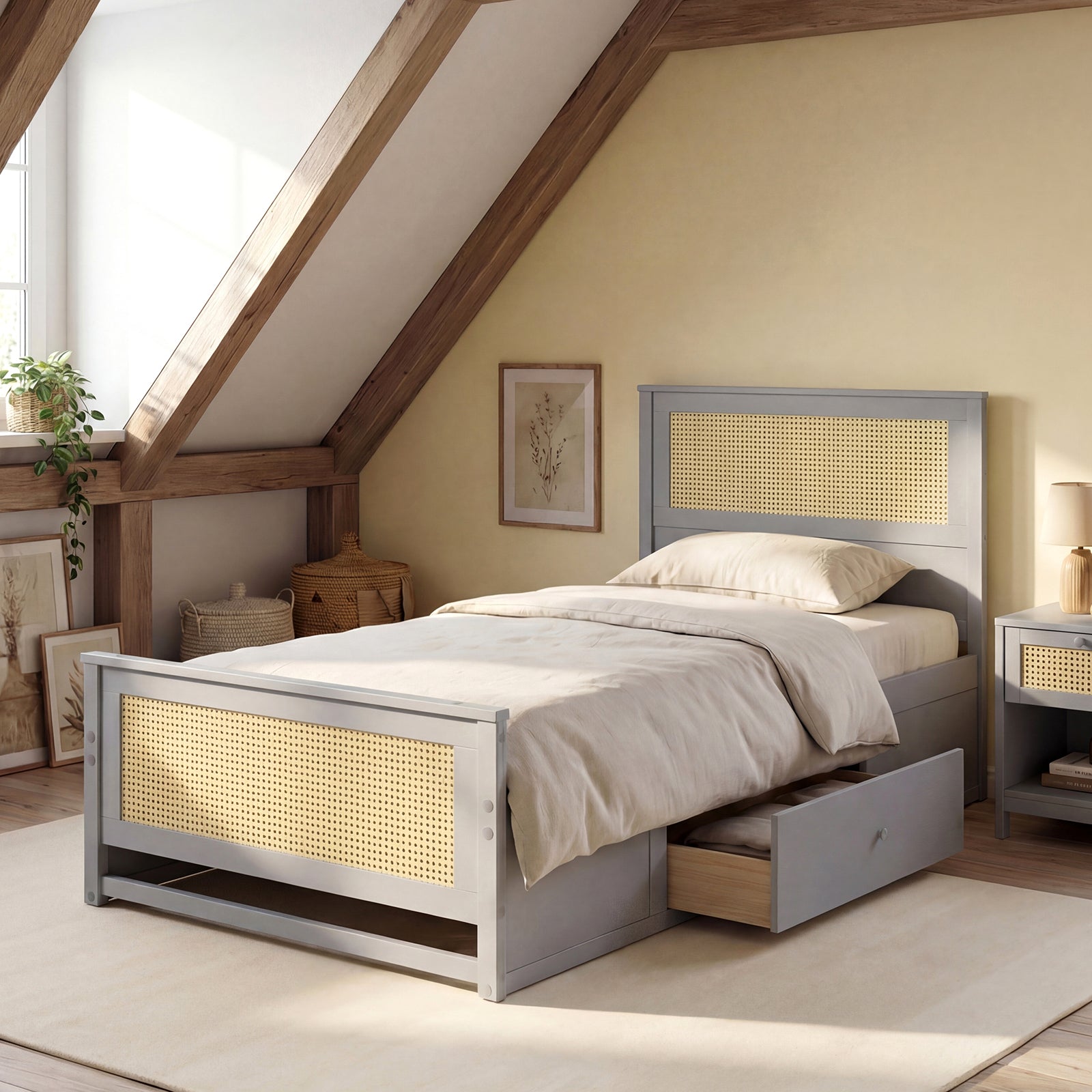 Twin Size Rattan Bed Frame with Storage Drawers, Gray Trundle Bed Frame at Gallery Canada