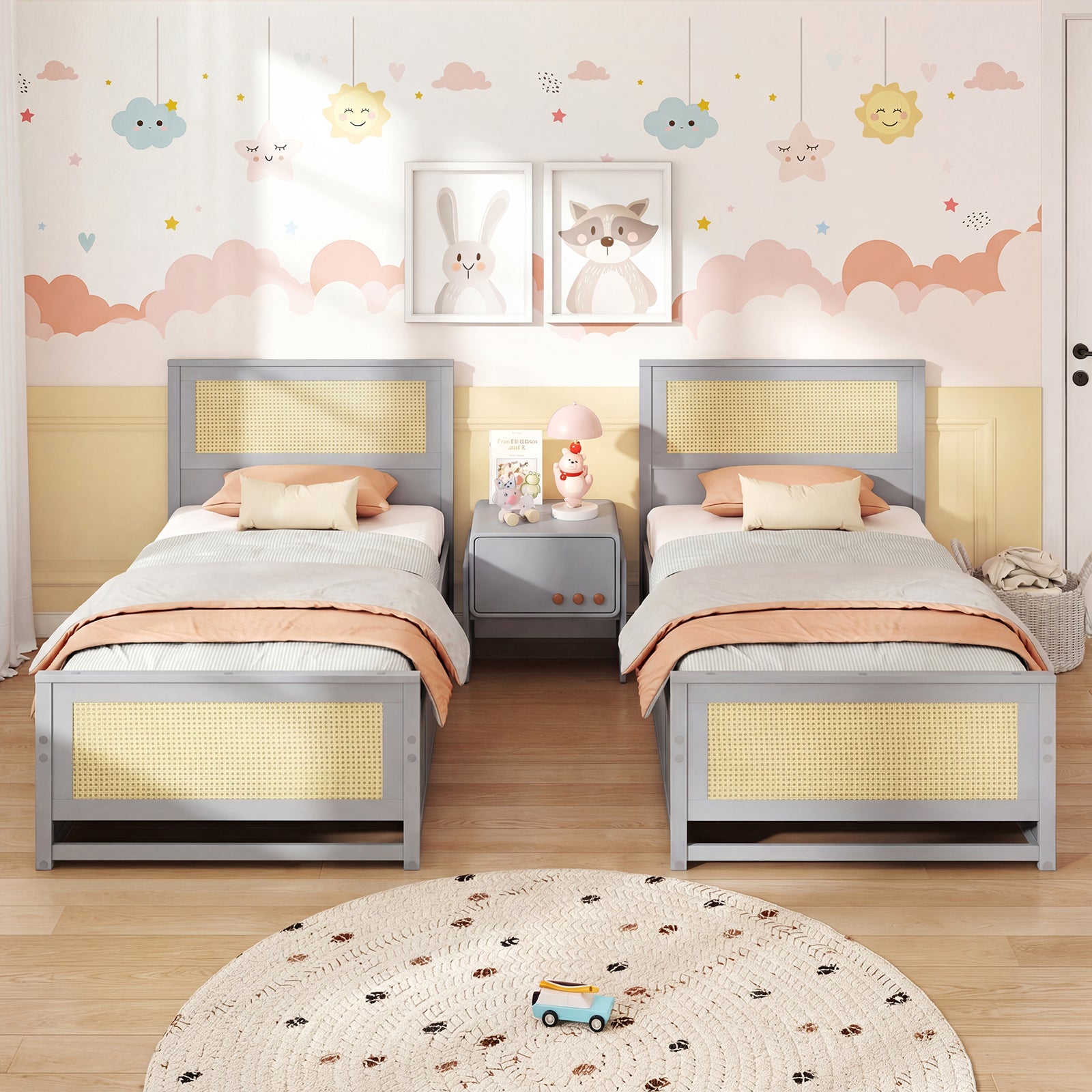 Twin Size Rattan Bed Frame with Storage Drawers, Gray Trundle Bed Frame at Gallery Canada