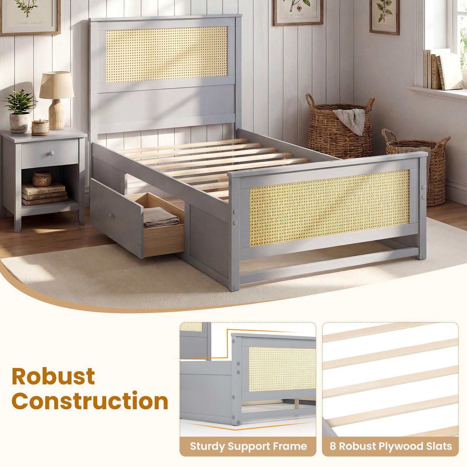 Twin Size Rattan Bed Frame with Storage Drawers, Gray Trundle Bed Frame at Gallery Canada