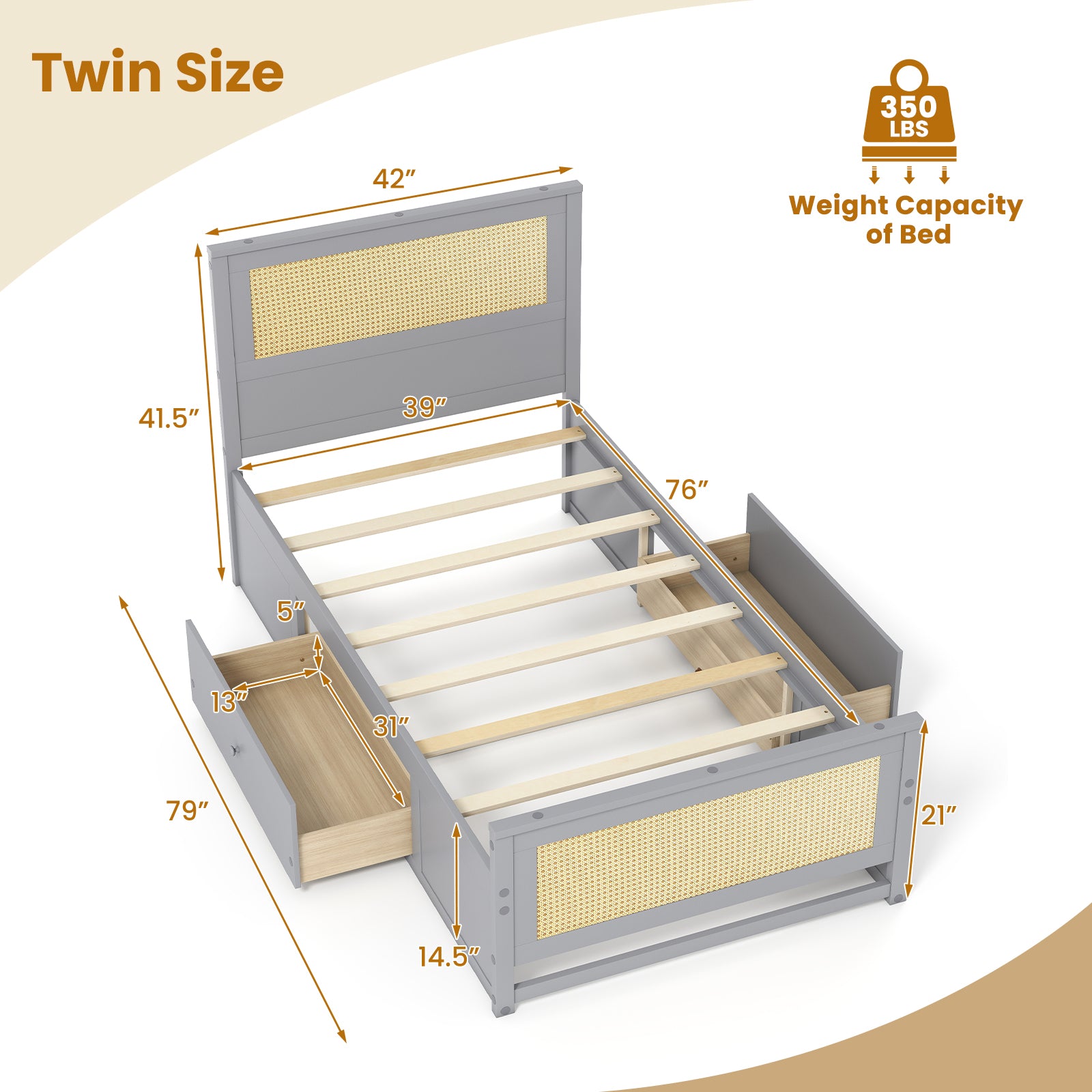 Twin Size Rattan Bed Frame with Storage Drawers, Gray Trundle Bed Frame at Gallery Canada