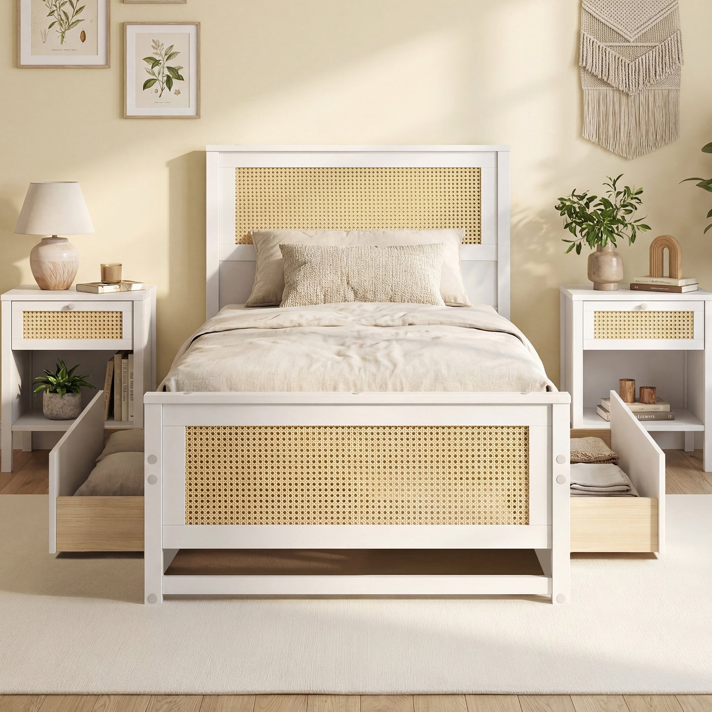 Twin Size Rattan Bed Frame with Storage Drawers, White Trundle Bed Frame at Gallery Canada